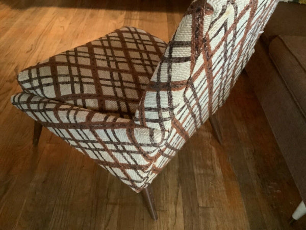 Vintage Wood fabric brown plaid Mid century  Modern Arm lounge Chair mcm retro