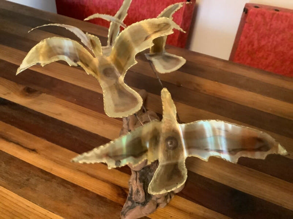 Vtg MId Century Brass tin Seagull Wire Sculpture on driftwood wood Base