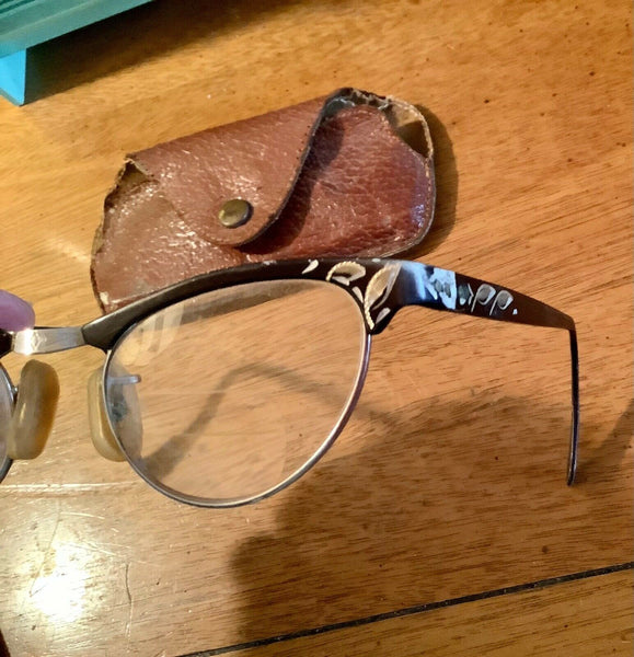 Vtg  Artcraft 4 1/4-5 1/2 Alum Cats Eye Glasses Bifocal Lenses W Carrying Case