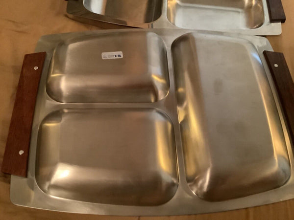 Vtg pair stainless Steel Divided Tray  Wood Handles 18/8  rostfrei stainless