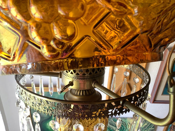 Vtg light fixture antique brass Amber grape glass shade GWTW hurricane Globe