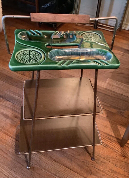 Vtg Mid Century Modern Teak Wood Smoking Stand Magazine Rack w/Ceramic Ash Tray