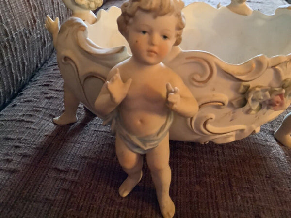 Antique Vtg Figurine Bowl Planter Dove Cherub Floral porcelain roses gold putti