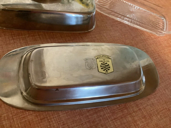 Butter dish Stainless Steel Japan Vtg mid century 18/8 Royal Dolphin Wood glass