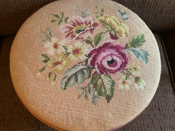 Antique foot Stool Needlepoint Seat Roses floral Blue Multi-Color footstool wood