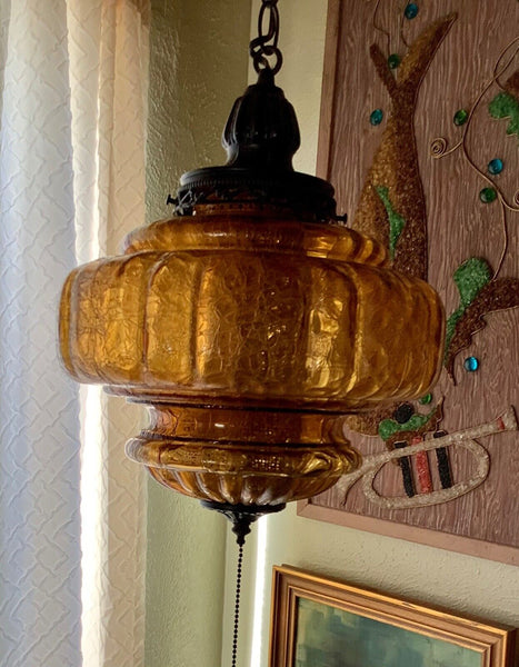 Vtg Mid Century modern Retro Hanging Swag Light Lamp Amber Glass globe mcm