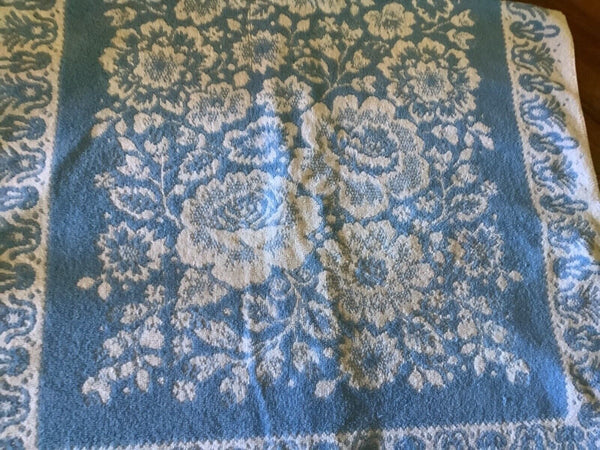 Vtg Cannon BLUE ROSES Bath Towel Hand & Face towel 3 pc set Fringe Cotton USA