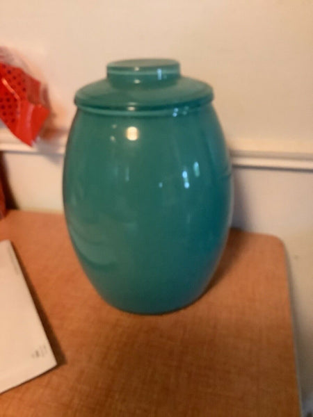 Vtg Bartlett Collins Gay Fad Turquoise blue Glass Cookie Jar Fruit Flowers