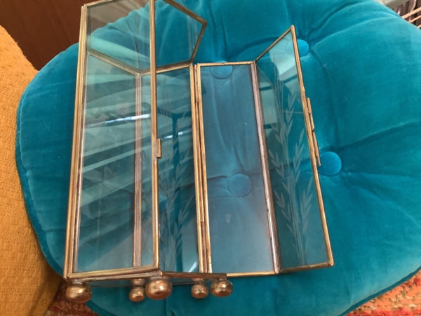 VTG Brass Glass Trinket Display Hexagon Hinged etched display box chest