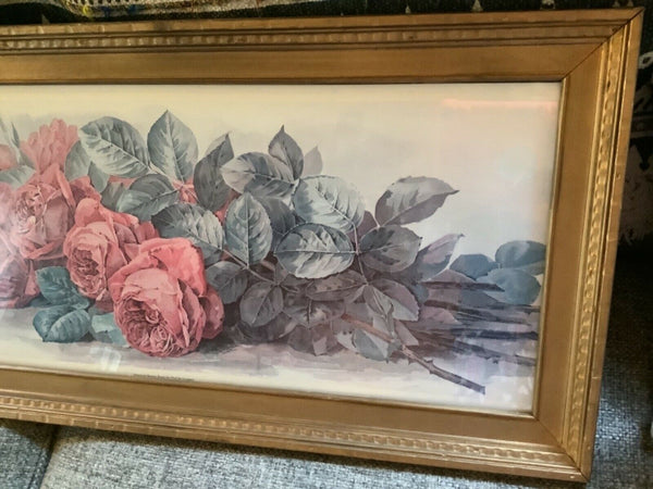 Vtg Yard Long Framed Paul De Longpre Long Stemmed Pink American Beauty  Roses