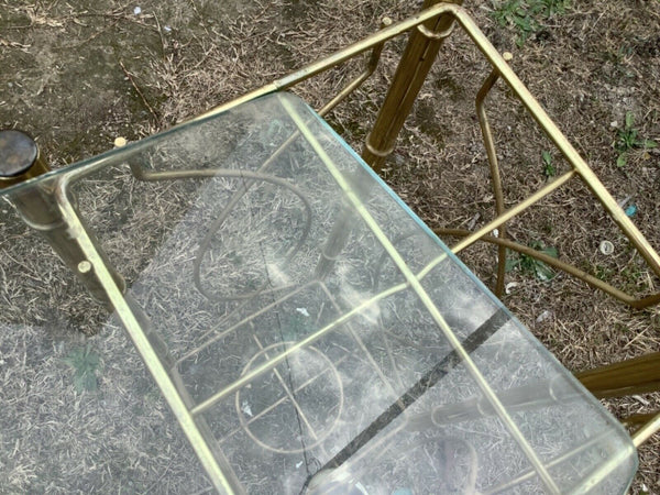 Vtg Brass Glass Plant Stand Metal Gold brass Boho MCM faux bamboo Regency