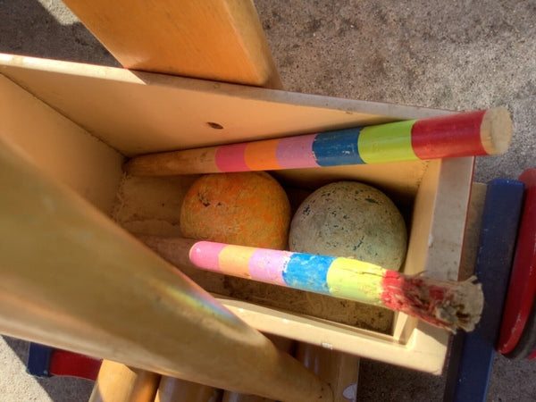 Vintage Walt Disney Mickey Mouse Croquet game Set Wood with stand cart