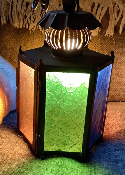 Vtg metal Brass Retro Light Fixture lamp swag stained glass lantern patio mcm