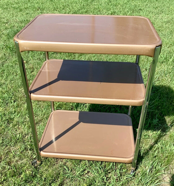 VTG Mid Century Modern Brown Cosco Rolling 3 Tier Kitchen Utility Bar Cart