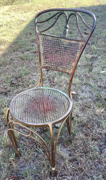 VTG MID-CENTURY modern VANITY BUDOIR CHAIR stool TASSELS rope mcm iron metal