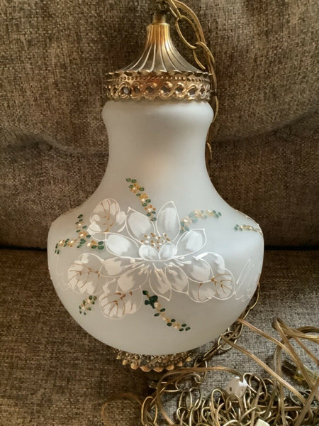 White Satin Glass Hand Painted Flowers Hanging Swag Lamp Light Vtg mid century
