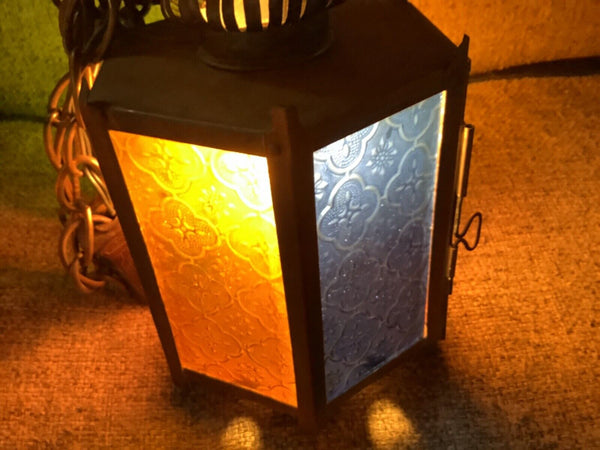 Vtg metal Brass Retro Light Fixture lamp swag stained glass lantern patio mcm 2