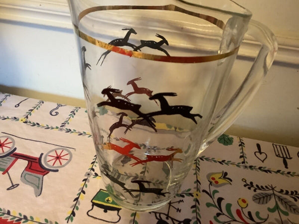 Vtg mid Century Black Gold Deer Gazelle Bar Glass Pitcher Set Deco Modern glass