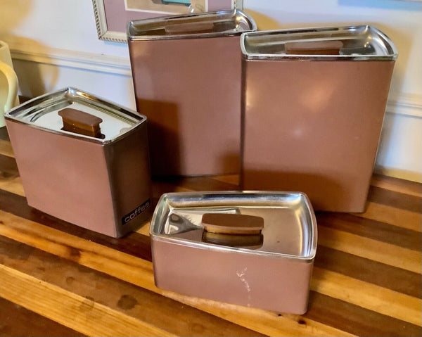 Vtg mcm modern Lincoln Beauty Ware 4-piece tin metal chrome containers canisters