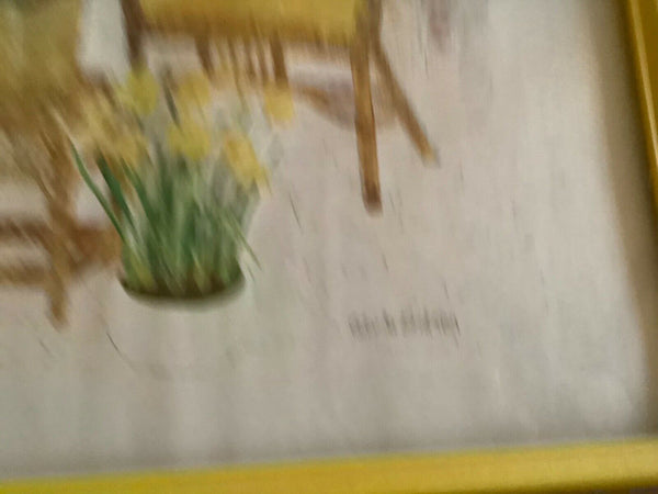 Gloria Erikson Vtg Frame Print Floral mid Century Modern Wicker boho chair