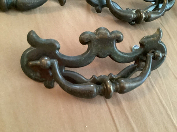 Set 3 Vtg Solid Brass Chippendale Style Drop Bail Drawer furniture pulls handles