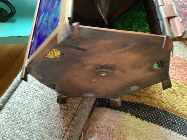 Vtg metal Brass Mid Century Light Fixture lamp swag stained glass lantern patio