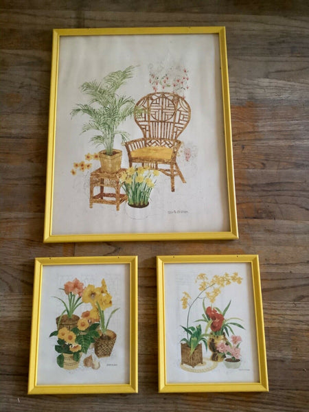 Gloria Erikson Vtg Frame Print Floral mid Century Modern Wicker boho chair