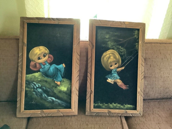 Vintage Mid Century frame Black Velvet Painting big eyed Girls Wall Signed retro