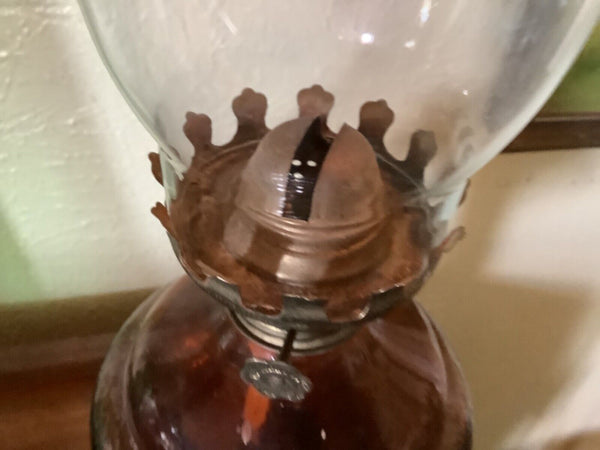 Vintage AMBER GLASS brass  OIL LAMP.chimney made in Hong Kong