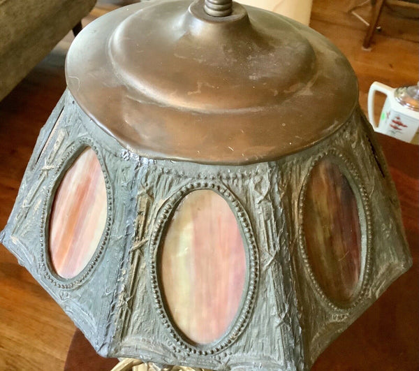 Antique Vintage cast Electric Cherubs Table boudoir Lamp Slag Glass brass Shade