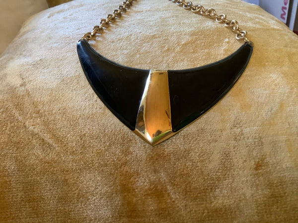 Vtg Monet Necklace Enamel Black Cast Gold Plate Boomerang Ubangi Choker Egyptian