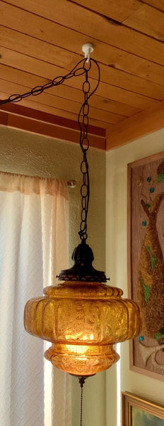 Vtg Mid Century modern Retro Hanging Swag Light Lamp Amber Glass globe mcm