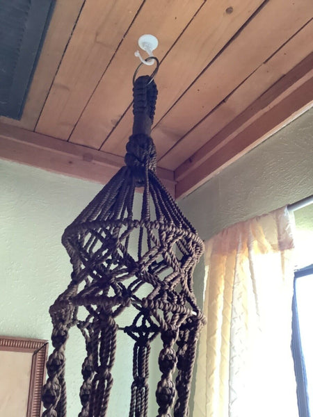 Vintage Brown Macrame Plant Hanger Woven Boho Braided LARGE Wood Beads