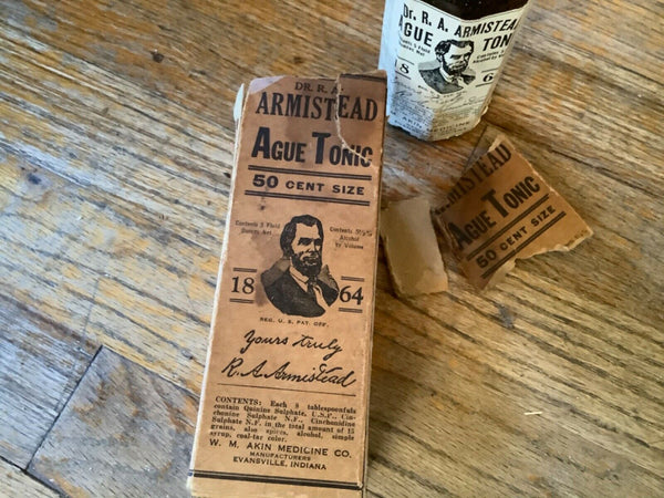 Vtg antique glass DR R.A. ARMISTEAD'S AGUE TONIC  MEDICINE near FULL BOTTLE box