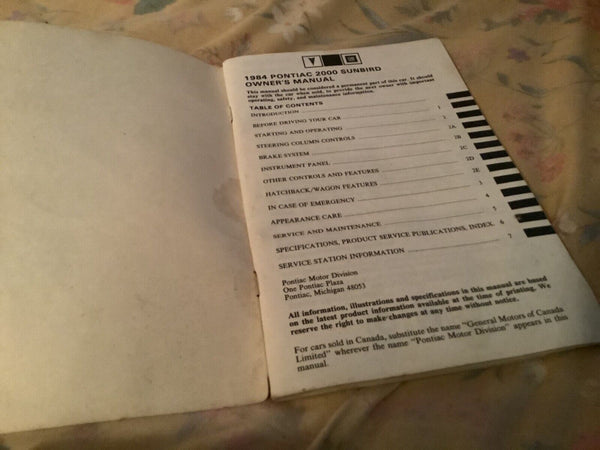 Vtg 1984 Pontiac 2000 Sunbird Owners Manual