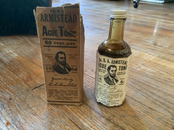 Vtg antique glass DR R.A. ARMISTEAD'S AGUE TONIC  MEDICINE near FULL BOTTLE box