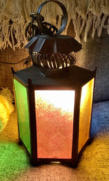 Vtg metal Brass Retro Light Fixture lamp swag stained glass lantern patio mcm 2
