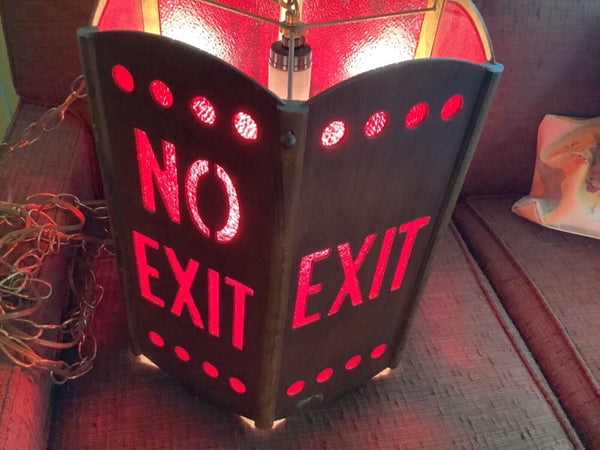 Vtg  Red EXIT no exit Sign Vintage mid Century modern hanging swag wood lamp