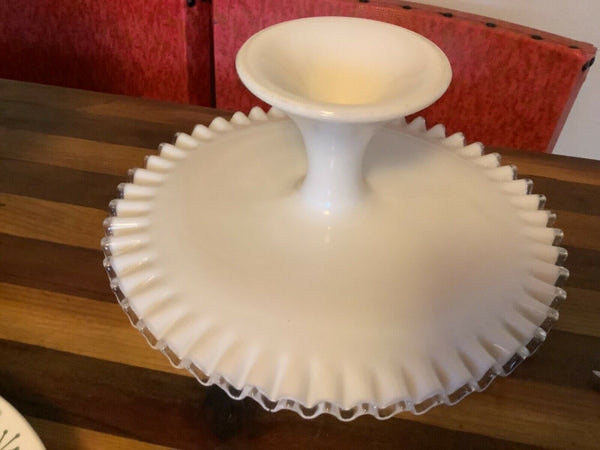 VTG FENTON ART GLASS Milk CREST CAKE STAND PLATE RUFFLED
