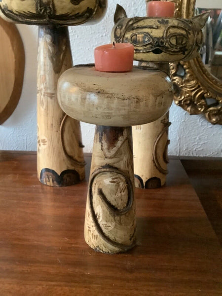 Vtg lot 3 mid century modern retro wood wooden Cat Candleholders candleabra