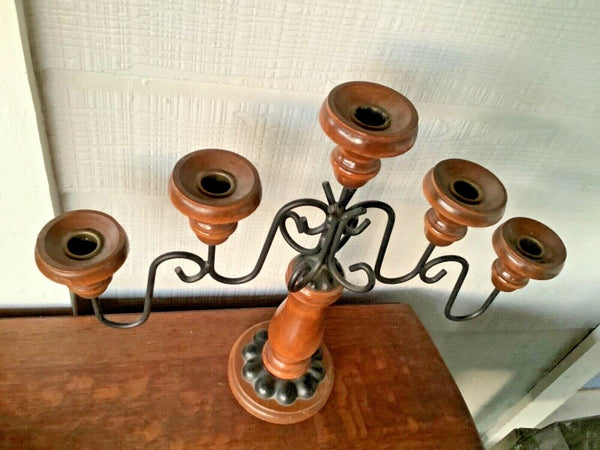 Vintage Mid Century modern 5 candle holder wood and Cast Iron Table Candleabra