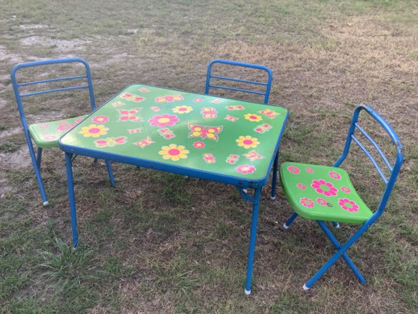 Vtg mid century Flower power mod play child children Folding Table chairs