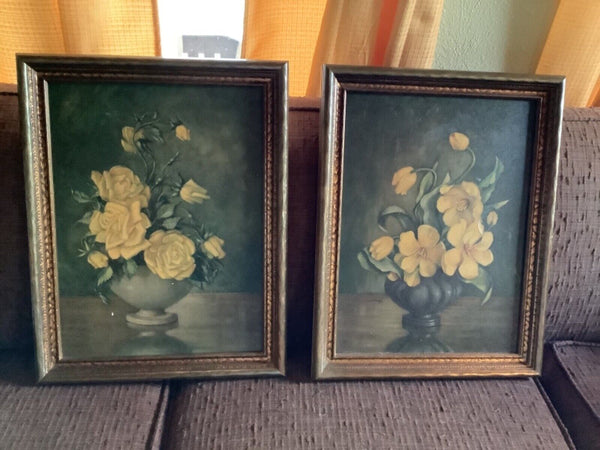 Vtg Yellow Roses  tulips Framed Art print litho Spanglers gold leaf frame 1956