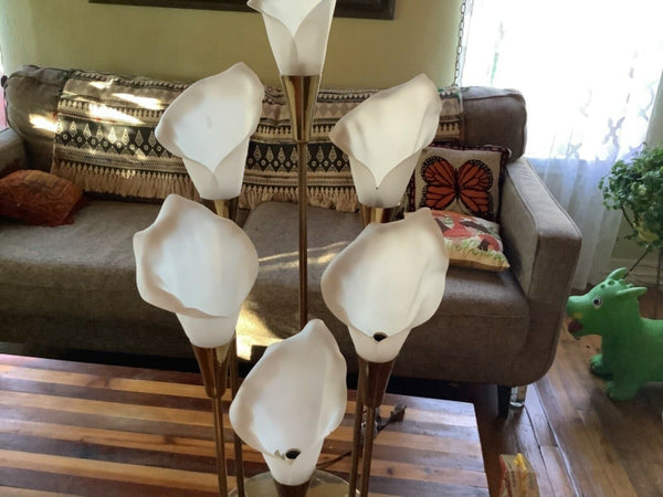 VTG RARE brass MCM 1985 HARRIS INDUSTRIES  5 LIGHT TULIP TABLE LAMP mid century