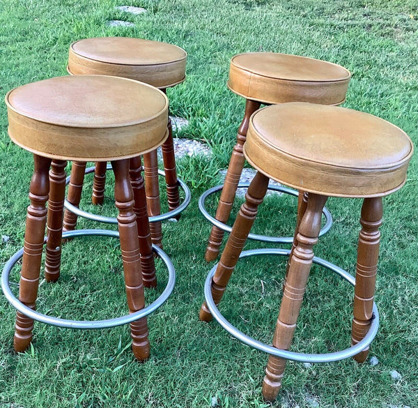 Vtg Gilbert USA 4 mid Century modern MCM Wood Vinyl Swivel Bar Stools chairs