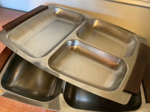 Vtg Rostfrei Inox 18/8 Stainless Steel Divided food cafeteria trays teak handles