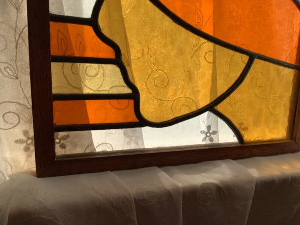 Vtg  STAINED Leaded GLASS WOOD FRAME framed WINDOW sun catcher lady woman