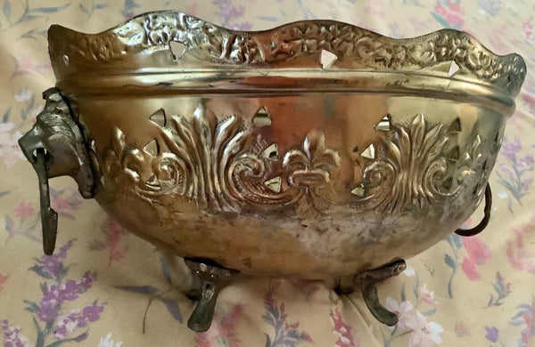 Scalloped brass planter bowl with lion head handles  vintage India