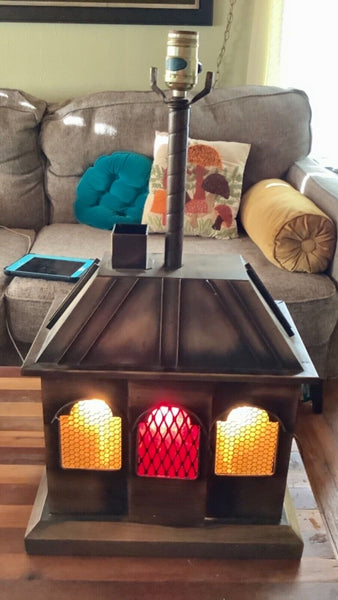 Vtg brass table Lamp Mid Century Modern Stained glass door house shaped lantern