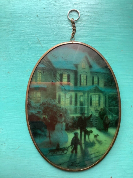 Vtg Thomas Kinkade Oval glass Panel - Suncatcher.